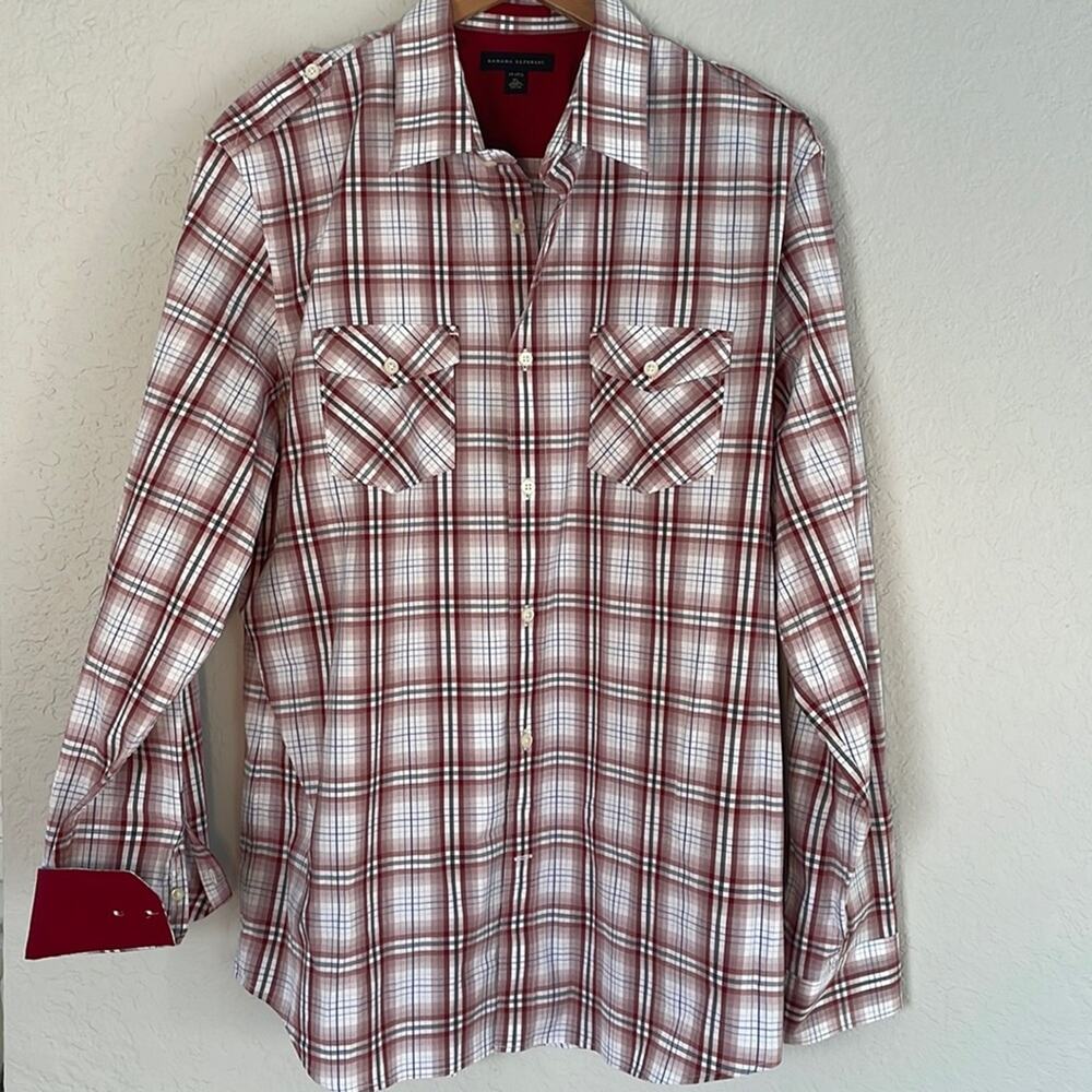NEW Banana Republic Red Plaid Western Cowboy Button Up Shirt 17-17.5 Fall Farm